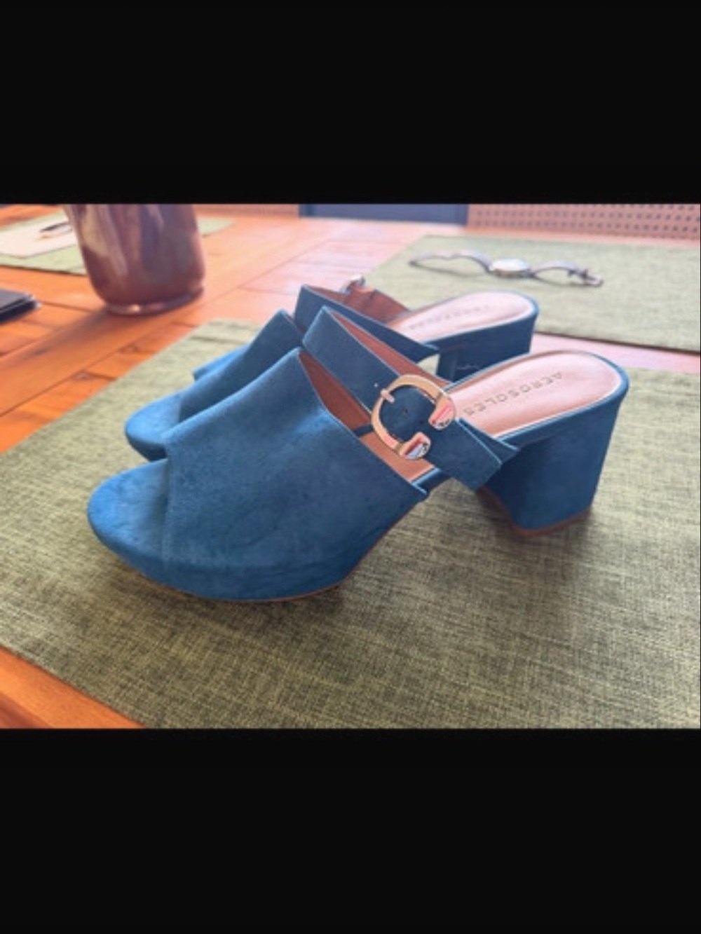 AEROSOLES Teal Suede Block Heel Mule with Buckle
